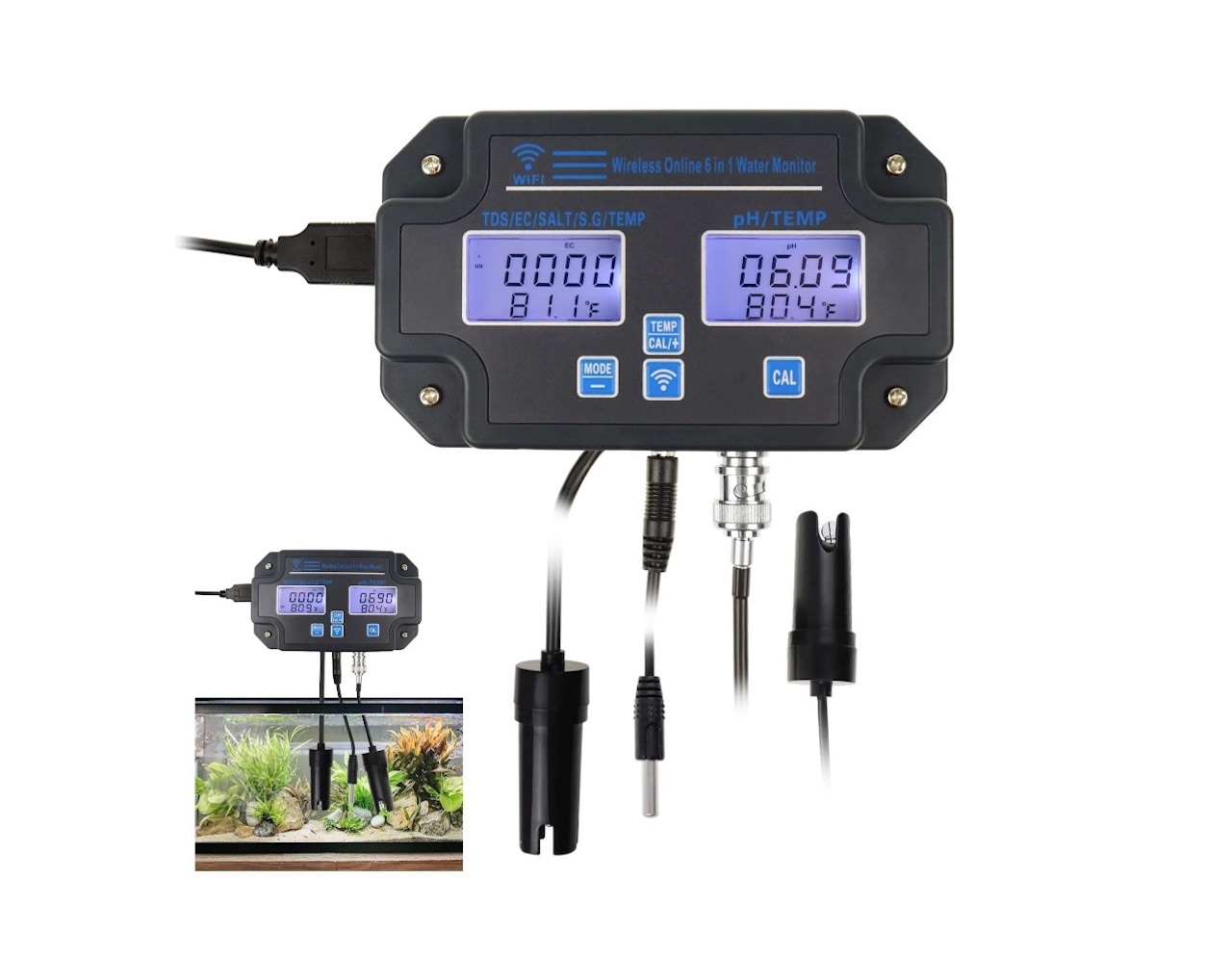6 in 1 Water Quality Tester for Fish Tank Aquariums 24Hrs Online APP Monitoring